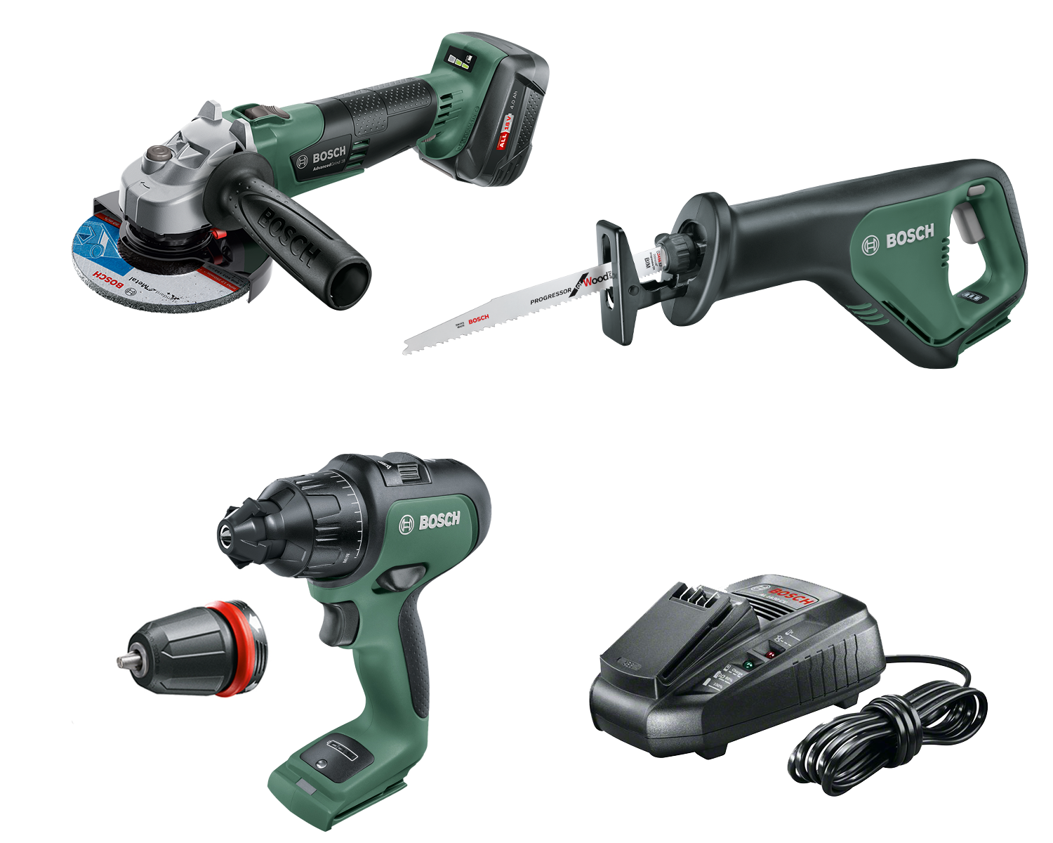 Bosch 18 V 3Pc Cordless Kit: Hammer Drill, Angle Grinder, Recip Saw 4Ah Battery