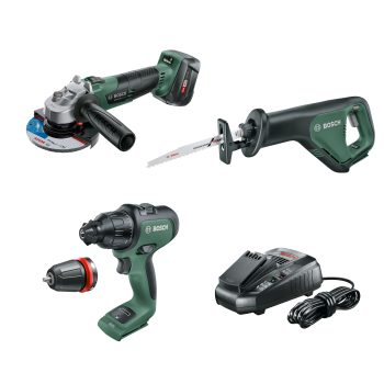 Bosch 18 V 3Pc Cordless Kit: Hammer Drill, Angle Grinder, Recip Saw 4Ah Battery